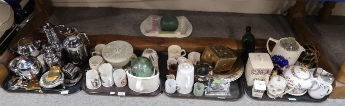 Chromed Thermos jugs, a tea set, commemorative ceramics, glass floats and assorted other ceramics