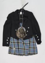 A Thompson blue tartan kilt 33-36" waist, length 26 1/2", Prince Charlie jacket and waistcoat L40,