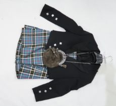 A Thompson blue tartan kilt, waist 36-38", length 23 1/4", Price Charlie jacket and waistcoat 44S,