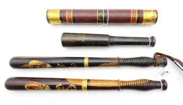 Two Victorian lignum vitae policeman's truncheons, polychrome painted with crown and VR cipher, each