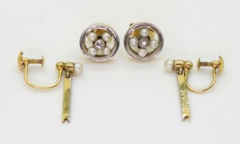 A pair of 15ct and platinum pearl and diamond earrings, Now converted to stud earrings, the original