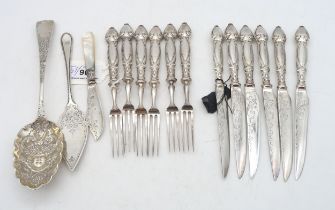 A collection of Art Nouveau silver-handled fruit knives and forks, by W R Humphreys & Co,