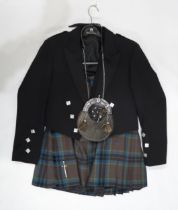 A Thompson Hunting muted kilt, 37-39", length 25", Prince Charlie jacket and waistcoat  L42, shoes 9