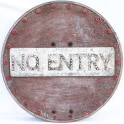 Road sign NO ENTRY complete with red fruit gum and clear glass bead reflectors. Circular cast