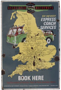 Bus motoring enamel sign ASSOCIATED MOTORWAYS DAY AND NIGHT EXPRESS COACHES BOOK HERE dated 1956. In