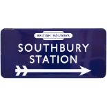 BR(E) FF enamel direction sign SOUTHBURY STATION with British Railways totem and right facing arrow,