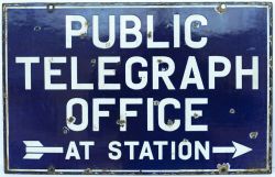 Enamel sign PUBLIC TELEGRAPH OFFICE AT STATION. Double sided, both sides in good condition with some