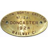 Worksplate LONDON NORTH EASTERN RAILWAY Co DONCASTER No 1591 1924 ex Gresley J50 0-6-0 T numbered