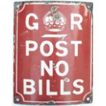 Post Office enamel sign GR POST NO BILLS, a curved enamel to fit telegraph poles. In good