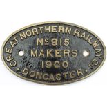 Worksplate GREAT NORTHERN RAILWAY MAKERS DONCASTER No 915 1900 ex Ivatt D2 4-4-0 numbered GNR 1384