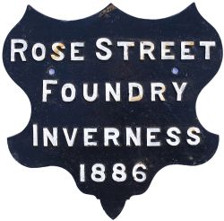 Railway bridge makers plate ROSE STREET FOUNDRY INVERNESS 1886. Ornate shield shaped cast iron, face