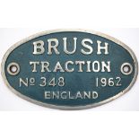 Worksplate BRUSH TRACTION ENGLAND No. 348 1962 ex British Railways diesel Class 47 originally