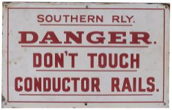 Southern Railway enamel sign SOUTHERN RAILWAY DANGER DON'T TOUCH CONDUCTOR RAILS. In very good
