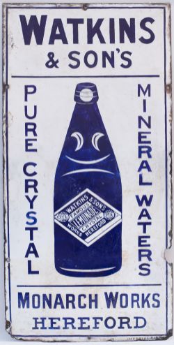 Advertising enamel sign WATKIN'S & SONS PURE CRYSTAL MINERAL WATERS MONARCH WORKS HEREFORD with an