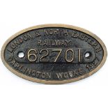 Worksplate LONDON & NORTH EASTERN RAILWAY DARLINGTON WORKS 1927 62701 ex Gresley D49 4-4-0
