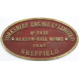 Worksplate YORKSHIRE ENGINE CO LIMITED MEADOW HALL WORKS SHEFFIELD No2430 1948 ex 0-4-0ST supplied