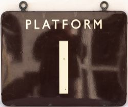 BR(W) FF enamel station sign PLATFORM 1. Double sided complete with original hanging hooks, both