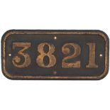 GWR cast iron cabside numberplate 3821 ex Churchward 2-8-0 built at Swindon in 1940. Allocated to