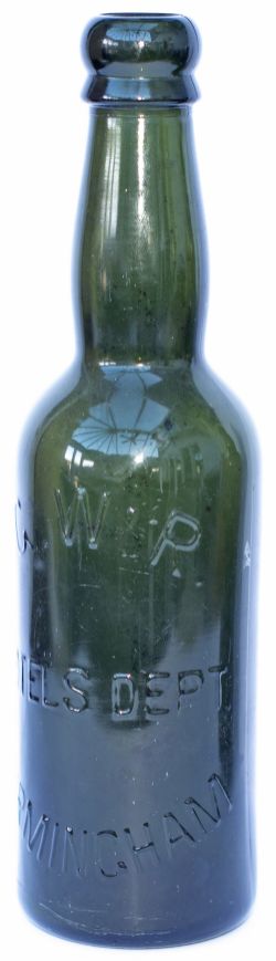 GWR Hotels Department Birmingham Green glass Beer Bottle, stands 9 inches tall and is very good