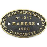 Worksplate GREAT NORTHERN RAILWAY MAKERS DONCASTER No 1017 1903 ex Ivatt C12 4-4-2 T numbered GNR