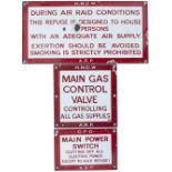 Second World War ARP enamel signs x3: G.P.O. MAIN POWER SWITCH etc, 6in x 4in; H.M.O.W. MAIN GAS