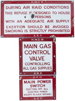Second World War ARP enamel signs x3: G.P.O. MAIN POWER SWITCH etc, 6in x 4in; H.M.O.W. MAIN GAS