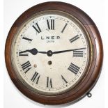 London North Eastern Railway 10 inch mahogany cased fusee railway clock with a rectangular plated