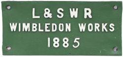 London & South Western Railway bridge makers plate L&SWR WIMBLEDON WORKS 1885. Rectangular lead,