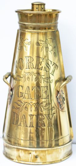 Advertising Miniature brass milk churn with lid and handles. Hand engraved FOREST GATE DAIRY and