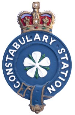 Cast iron police sign CONSTABULARY STATION with the Yorkshire Rose in the centre. Nicely restored