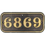 GWR Brass cabside numberplate 6869 ex Collett Grange 4-6-0 Grange built at Swindon in 1939 and named