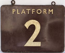BR(W) FF enamel railway sign PLATFORM 2. Double sided complete with original hanging hooks. In