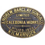 Worksplate ANDREW BARCLAY SONS & CO CALEDONIA WORKS KILMARNOCK No 1125 1908 ex 0-4-0 ST delivered