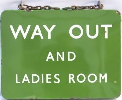 BR(S) FF enamel railway sign WAY OUT AND LADIES ROOM. Double sided complete with original hanging
