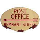 Post Office enamel sign POST OFFICE REMNANT STREET. Double sided, both sides in good condition,