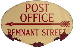 Post Office enamel sign POST OFFICE REMNANT STREET. Double sided, both sides in good condition,