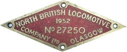 Worksplate NORTH BRITISH LOCOMOTIVE COMPANY LTD GLASGOW No 27250 1952 ex Nyasaland Railways 2-8-2.