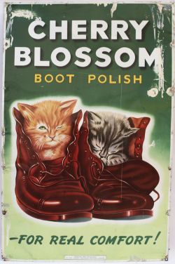 Advertising lithographed tinplate sign CHERRY BLOSSOM BOOT POLISH FOR REAL COMFORT depicting two