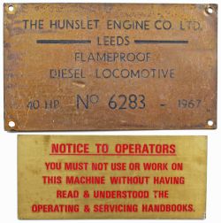 Hunslet Engine Co Ltd Leeds Worksplate Flameproof Diesel Locomotive 40 HP No 6283 built 1967. Ex