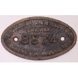 LNER 9x5 brass Tenderplate No 8874 Darlington Works 1923. Ex B16 Locomotive. Unrestored.