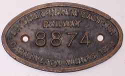 LNER 9x5 brass Tenderplate No 8874 Darlington Works 1923. Ex B16 Locomotive. Unrestored.