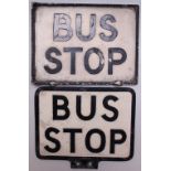 A pair of Midland Red cast aluminium Bus Stop signs, double sided, black lettering on white ground