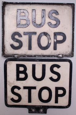 A pair of Midland Red cast aluminium Bus Stop signs, double sided, black lettering on white ground