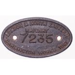 LNER 9x5 brass Tenderplate No 7235 Darlington Works 1941. Ex Gresley V2 locomotive 60926. New to