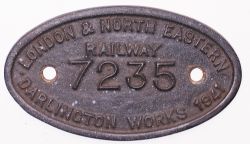 LNER 9x5 brass Tenderplate No 7235 Darlington Works 1941. Ex Gresley V2 locomotive 60926. New to