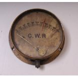 GWR brass cased, silvered dial 7in diameter Pressure Gauge showing red line working pressure of