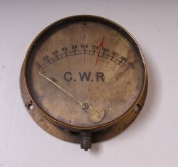 GWR brass cased, silvered dial 7in diameter Pressure Gauge showing red line working pressure of