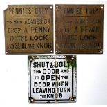 Toilet Signs comprising 2 brass Pennies Only and one enamel Shut & Bolt The Door. Each 3in square