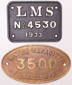 LMS Tenderplate No 4530 1933, face restored. Together with a brass oval Water Capacity 3500 Gallons,
