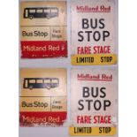 A pair of Midland Red early, screen printed signs, double sided, both different Fare Stage design.